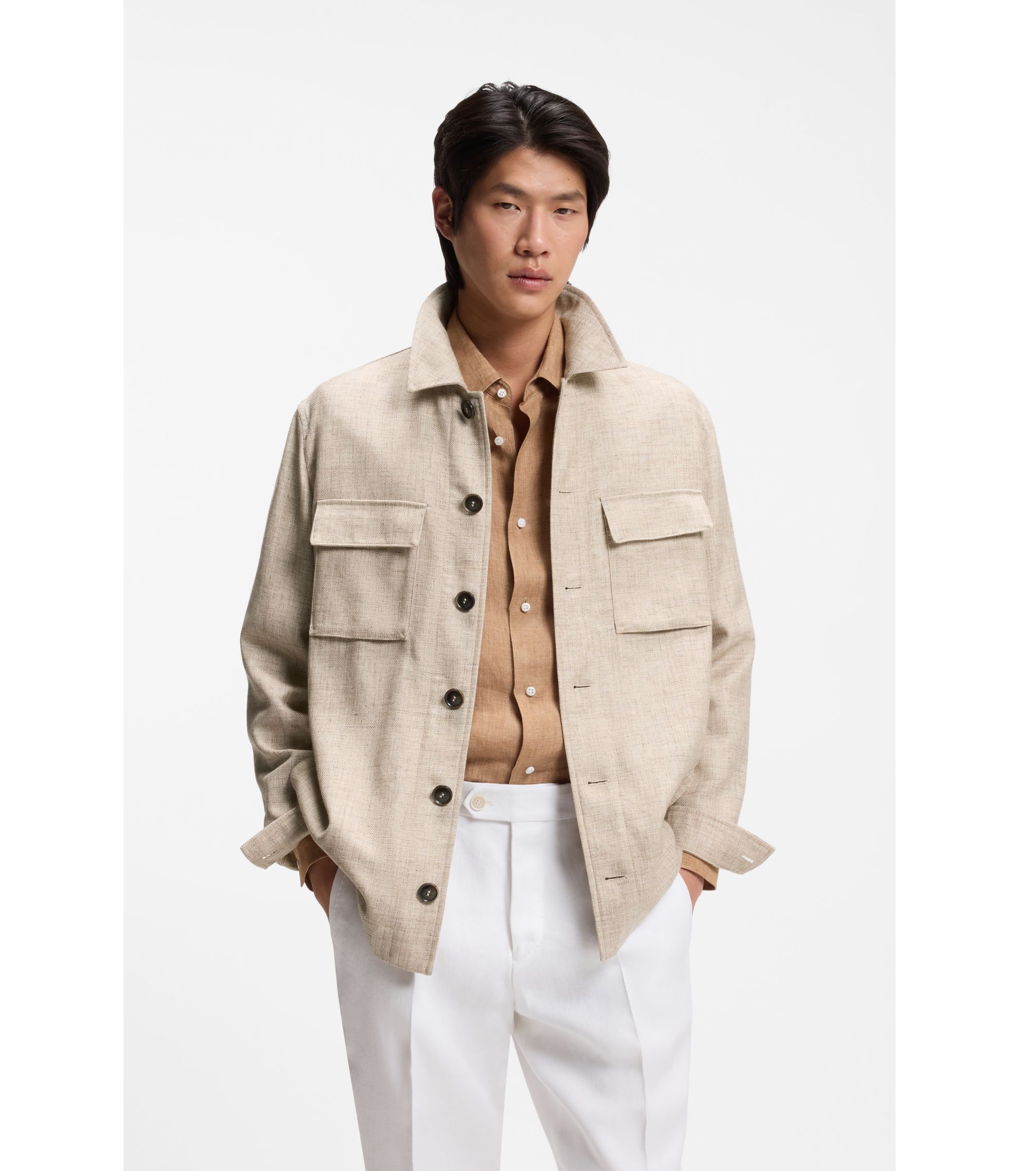 Regular-Fit Overshirt aus Schurwolle, Seide und Leinen