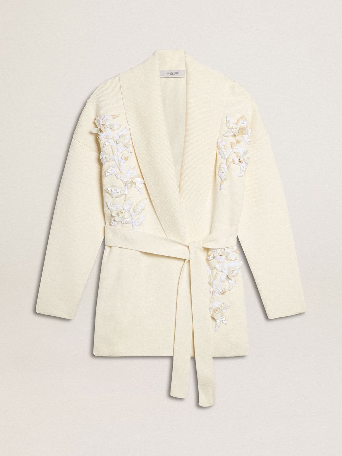 Sahneweißer Baumwollcardigan für Damen mit Blumenstickerei