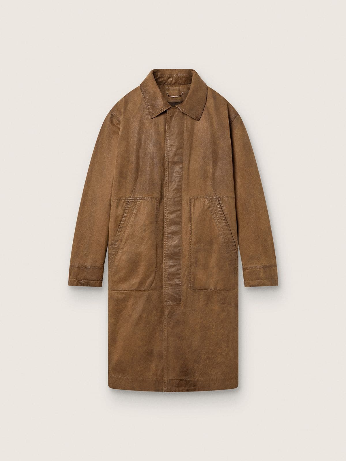 Brauner Unisex-Trenchcoat aus gewachstem Twill mit Lederdetails